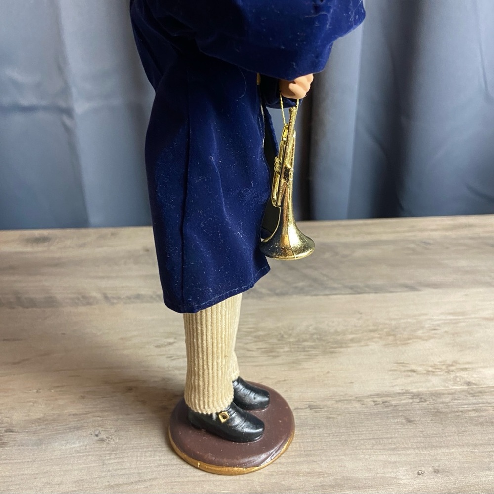 Boy Caroler Figurine with Trumpet and Gift, Blue Velvet Coat - Picture 6 of 12